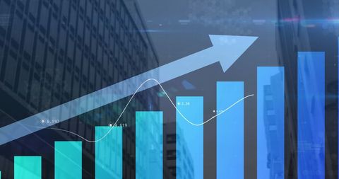 Rising Blue Arrow with Bar Chart in Urban Background - Download Free Stock Images Pikwizard.com