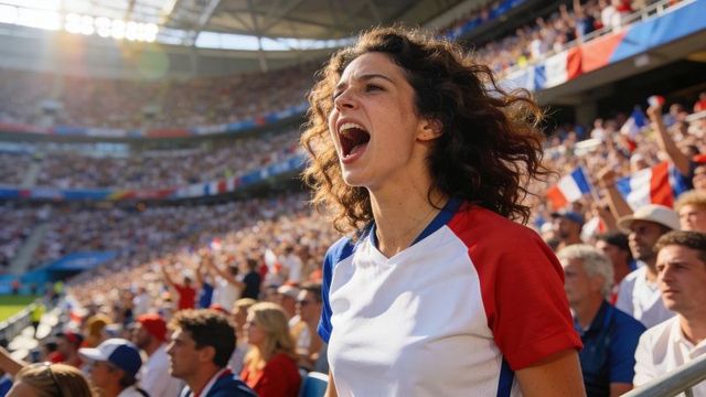 Passionate female fan cheering loudly in packed stadium waving red white blue flags live