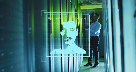 Engineer with Digital Identity Overlay in Server Room - Download Free Stock Images Pikwizard.com