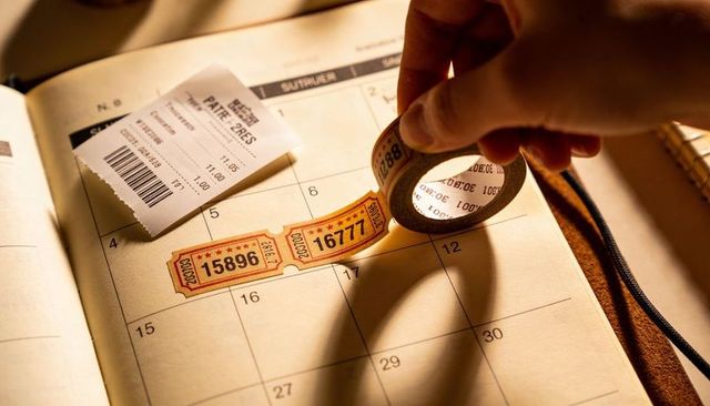 Hand placing raffle tickets on monthly planner with receipt and numbered ticket roll, warm closeup