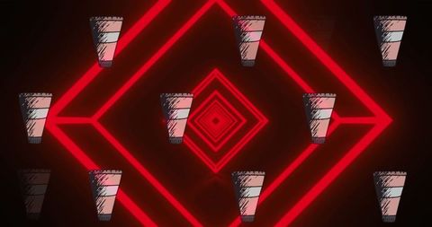 Futuristic neon diamonds with floating takeaway cups