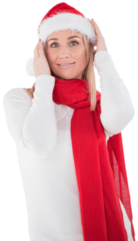 Festive Blonde Wearing Santa Hat and Scarf on Transparent Background