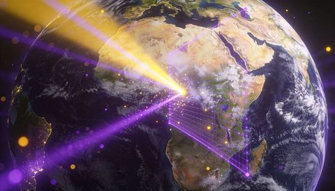 Beaming global data network from west africa with purple grid, light beams and nodes