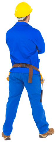 Transparent Rear View of Construction Worker in Blue Coveralls