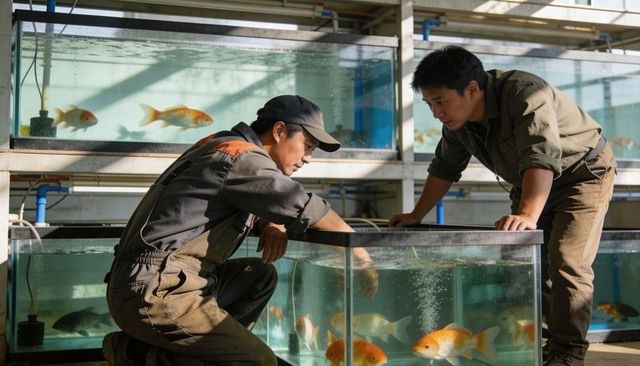 Aquaculture technicians inspecting koi tanks, adjusting aeration equipment in hatchery