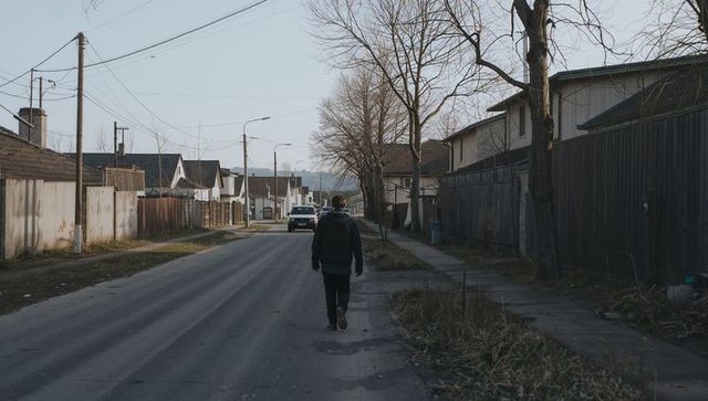Walking away on quiet suburban street with bare trees, fences and overcast sky