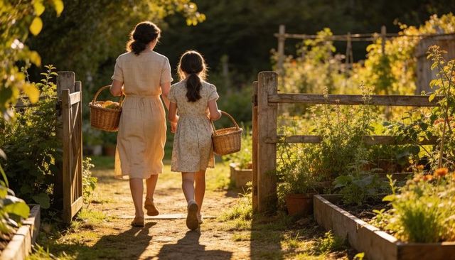 Mother and daughter walking through sunlit garden carrying wicker baskets at golden hour
