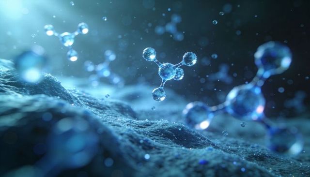 Glowing molecular clusters hovering over frosty nanosurface with translucent blue atoms