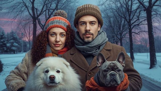 Cozy Winter Stroll with Beloved Pets in Snowy Park at Dusk