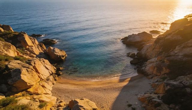 Golden-hour secluded coastal cove with granite cliffs, turquoise water and sandy beach