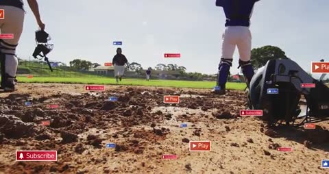 Baseball Practice with Animated Social Media Icons on Field