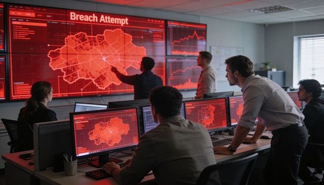 Cybersecurity Team Monitoring Breach Attempt on Red Threat Map Wall in Security Operations