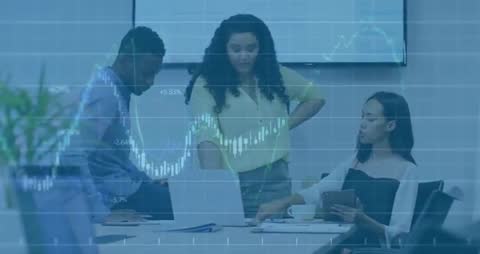 Team Collaborating with Overlayed Market Data Analytics