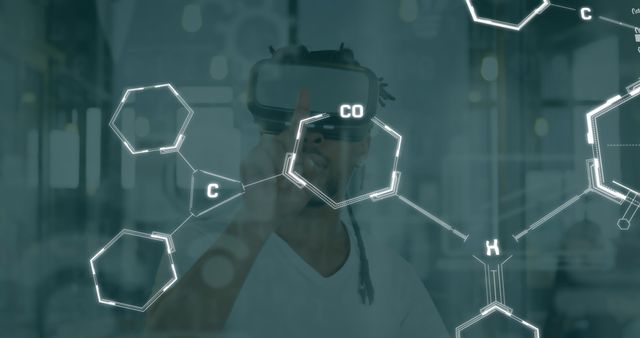 Scientist engaging with chemical structures using a virtual reality headset. Ideal for illustrating concepts in modern technology, innovation in scientific research, advanced chemical studies, and the integration of digital tools in laboratories. Can be used in educational materials, science and technology articles, innovation and technology banners, and VR research promotions.