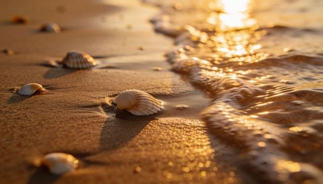 Sunlit scallop shell on wet sand with rolling seafoam and golden reflections