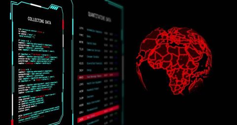 Red neon wireframe globe pulsing collecting data cybersecurity dashboard hud analytics