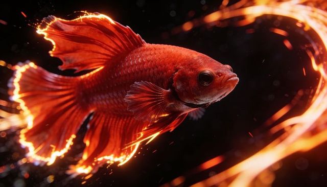 Fiery red betta with glowing light trails, macro closeup of flowing fins and scales