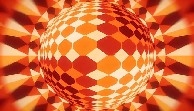 Rotating geometric sphere with warm tiled tessellation and radial facets, vibrant 3d