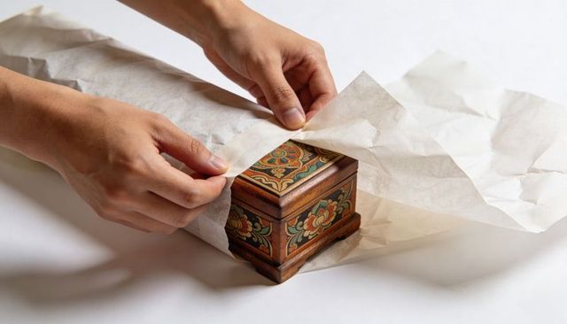 Hands unwrapping hand-painted ornate wooden box wrapped in tissue paper for heirloom reveal