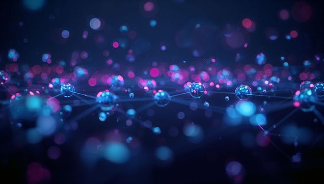 Futuristic network of glowing connected nodes illuminated in dark space