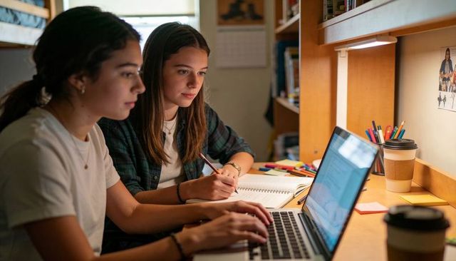 College roommates studying at dorm desk with laptop, notebooks, coffee and desk lamp