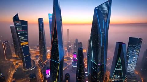 Futuristic Cityscape with Neon Illuminated Skyscrapers at Dawn