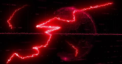 Glowing Red Lightning Against Futuristic Globe With Data Streams