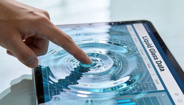 Finger Touch Creating Liquid Glass Ripple Over Interactive Data Dashboard on Tablet