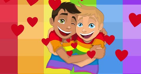 Boys Embracing with Rainbow Pride and Hearts Background