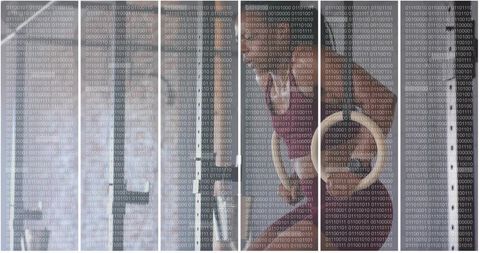 Standing woman raising arm by metal poles with binary overlay minimal industrial portrait