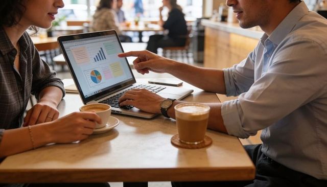 Collaborating over laptop charts and coffee during casual cafe meeting business planning