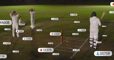 Night cricket match with digital engagement overlays showing live metrics and player reactions