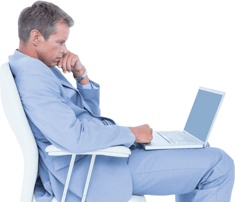 Businessman in Blue Suit Using Laptop on Transparent Background
