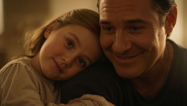 Warm father-daughter closeup, daughter leaning on father's shoulder, tender family bond