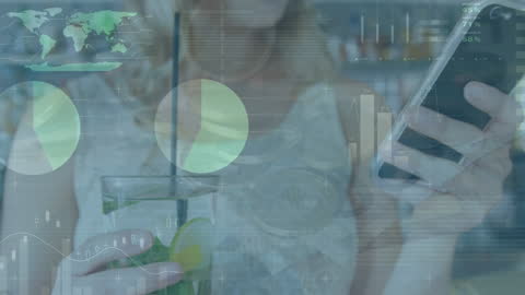 Woman Exploring Financial Data on Smartphone with Transparent Charts