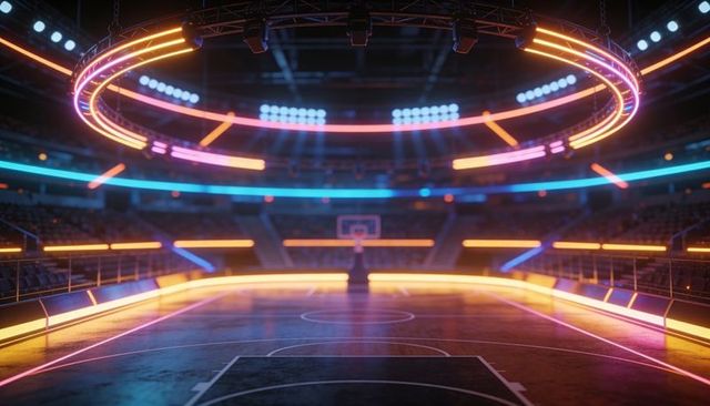 Futuristic neon basketball court with reflective hardwood and led ring lights