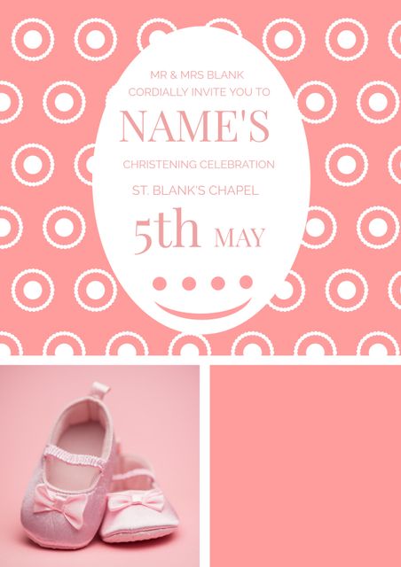 Soft pink christening invitation with delicate baby shoes, perfect for newborn celebrations. Ideal for sending personalized invites for important religious ceremonies. Beautiful design captures the elegance and significance of the event. Useful for parents announcing christening dates, churches highlighting events, or stationery businesses crafting special occasion cards.
