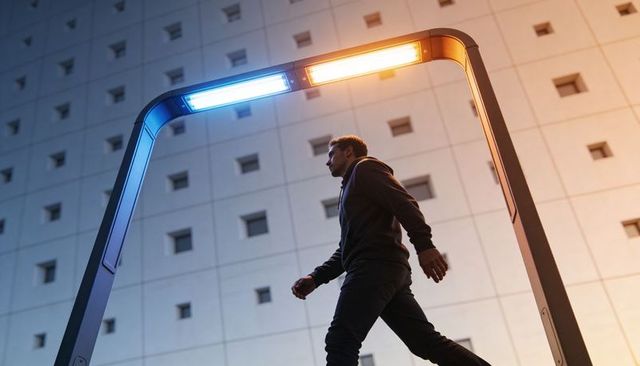 Urban pedestrian walking under blue and orange neon arch at dusk with minimalist grid facade