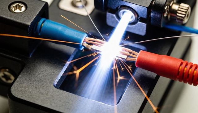 Precision copper wire welding producing bright arc sparks with blue and red leads