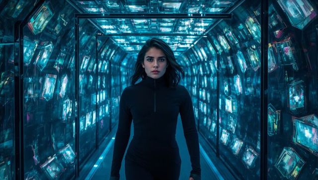 Futuristic woman walking through mirrored neon corridor of glowing screens, reflections
