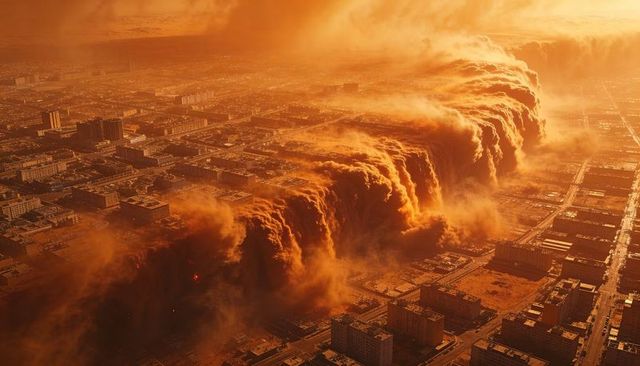 Amber sandstorm rolling through urban grid with towering dust wall and glowing embers