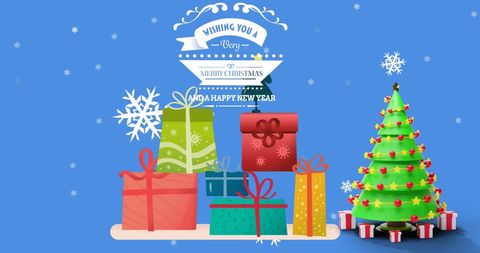 Festive Christmas Gifts and Tree with Holiday Greeting