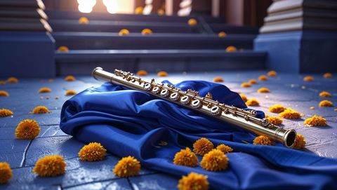 Elegant silver flute of krishna on blue cloth with orange flowers