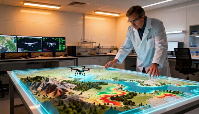 Scientist analyzing 3d geospatial table with drone and heatmap in laboratory control room