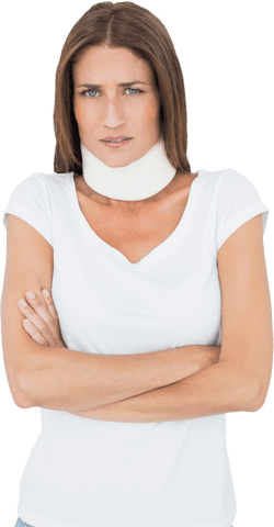 Transparent image of woman wearing cervical neck brace looking serious
