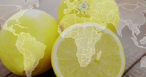 Fresh lemons with world map overlay on rustic wooden surface