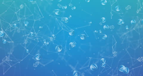 Abstract Network of Bitcoin and Dollar Symbols on Blue Background