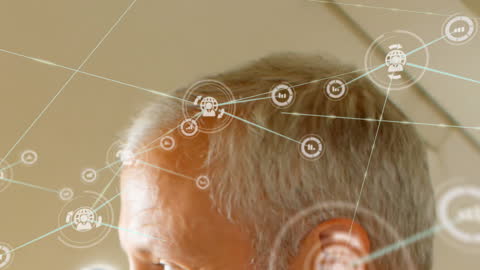 Futuristic Network Overlay on Businessman in Airplane