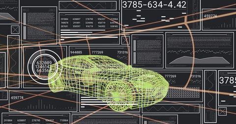 Neon green wireframe car rotating over futuristic hud data dashboard for vehicle design