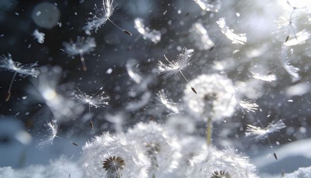 Dandelion seeds drifting in sunlight close-up, ethereal meadow fluff floating softly